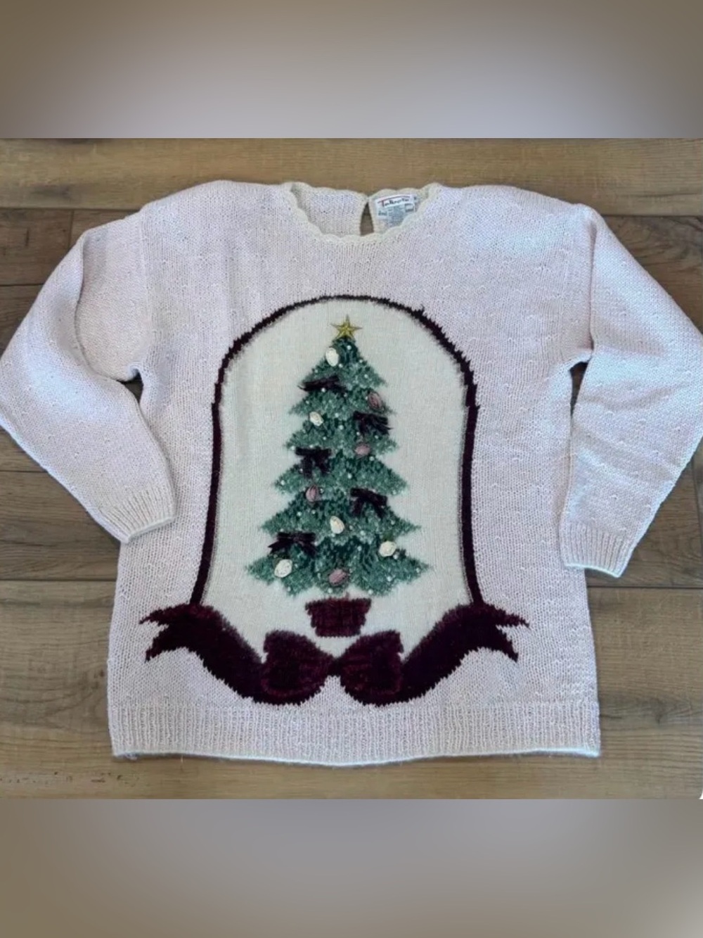 Talbots Pink Holiday Sweater with Green Tree Motif Hand Knit Christmas Sweater